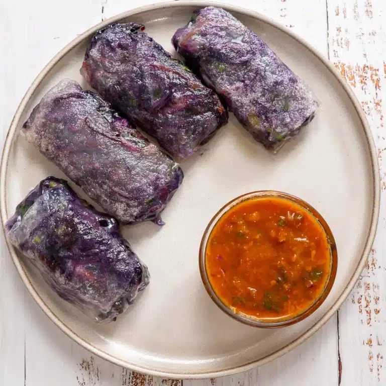 rice paper dumpling filled with red cabbage with tomato dip