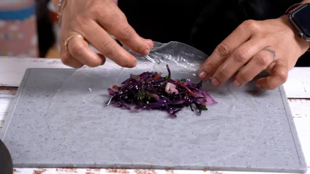 Rice Paper Dumplings - Healthy, Gluten-Free & Low-Carb fill cabbage mixture inside rice paper wrap