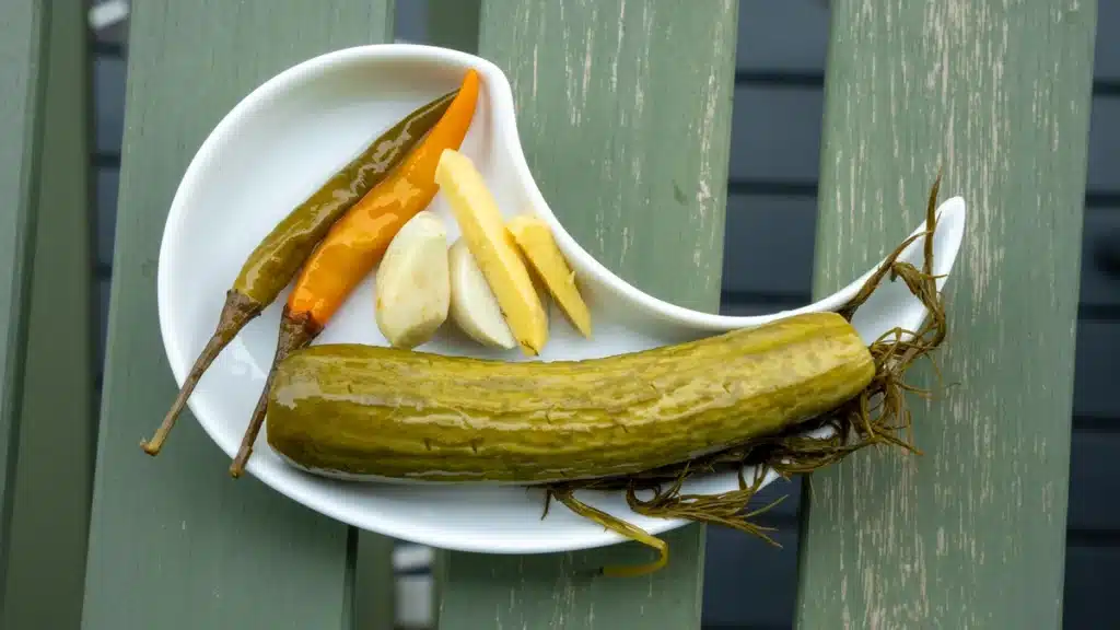 Quick pickled cucumber with chili, ginger and garlic on a plate