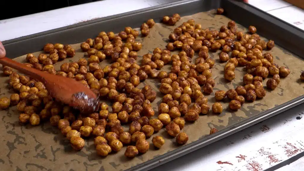 Crunchy Cinnamon Chickpeas - A Perfect Snacks place chickpeas again on baking tray