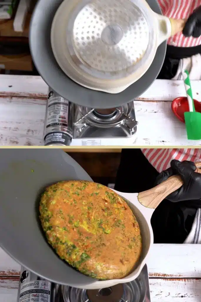 kuku sabzi - flip omelette with help of a plate