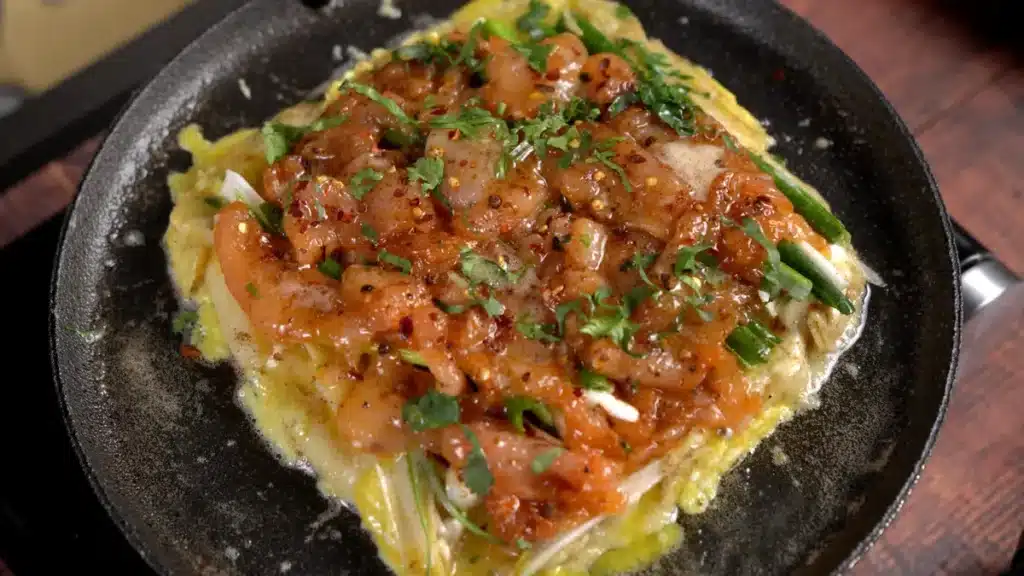 Korean Enoki and Chicken Pajeon: Delicious Meal in 25 mins add BBQ seasoning and coriander leaves