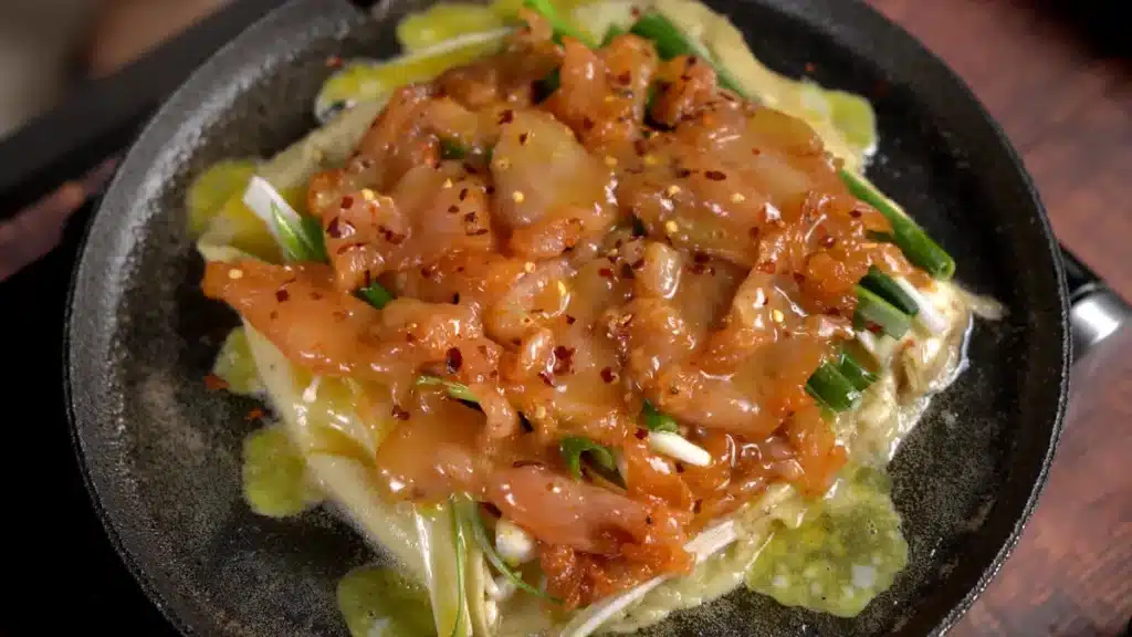 Korean Enoki and Chicken Pajeon: Delicious Meal in 25 mins add green onion, chicken, beaten eggs on top