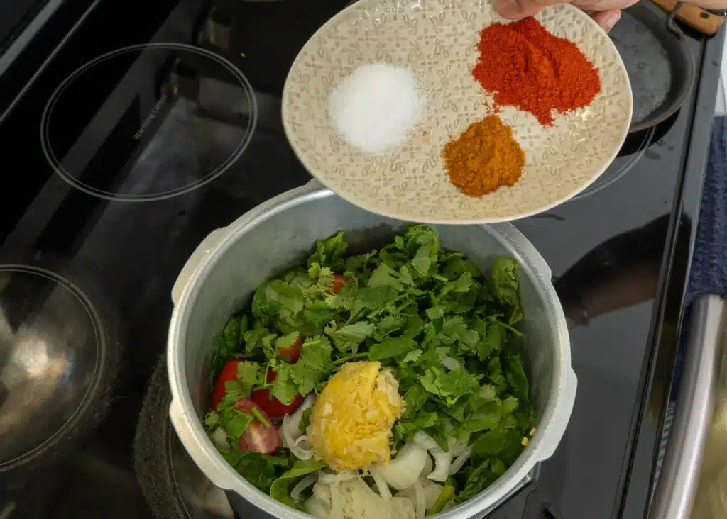 add turmeric powder, chili powder and salt