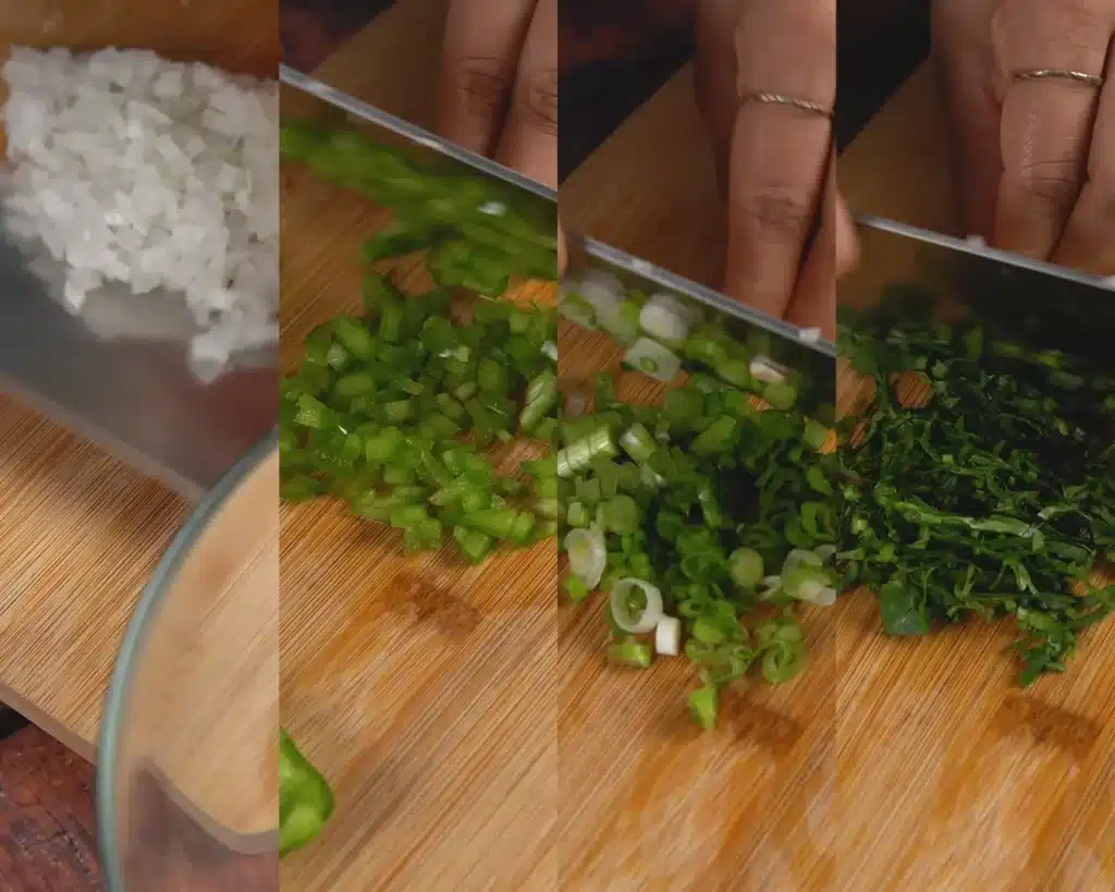 Chop your bell peppers, green onions, and fresh coriander into fine pieces.