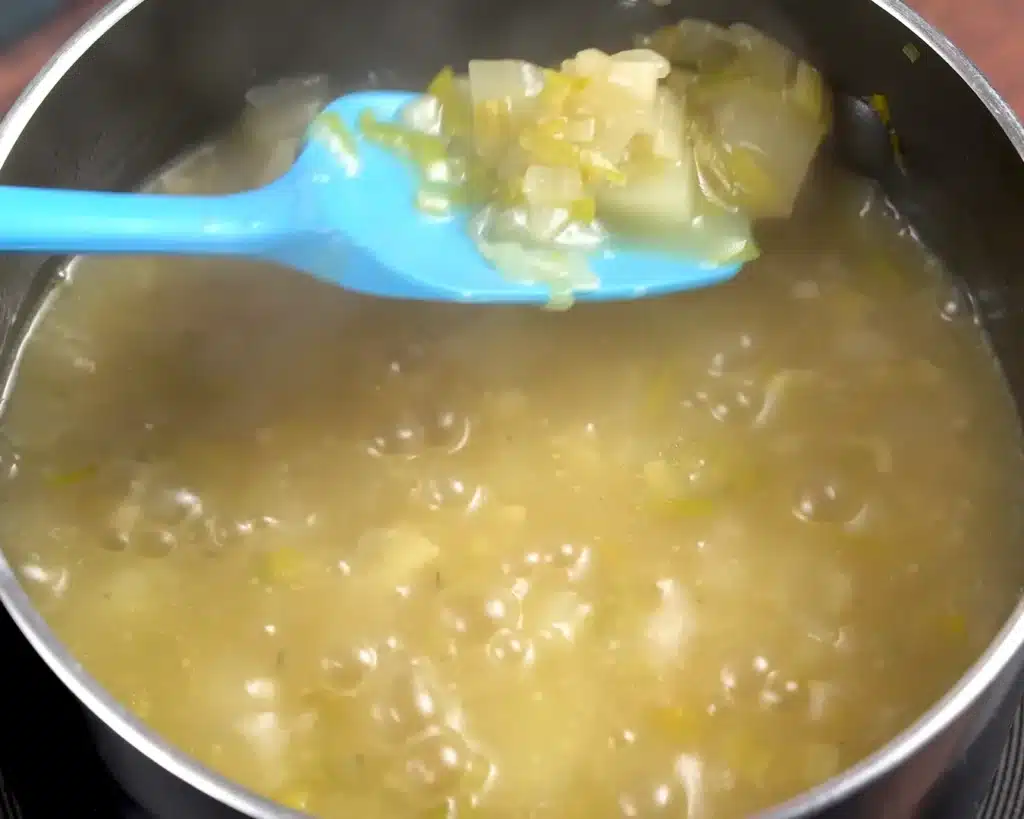 Leek and Garlic Soup Pour in 5 cups of chicken stock, add your thyme, and simmer until the potatoes are completely cooked.