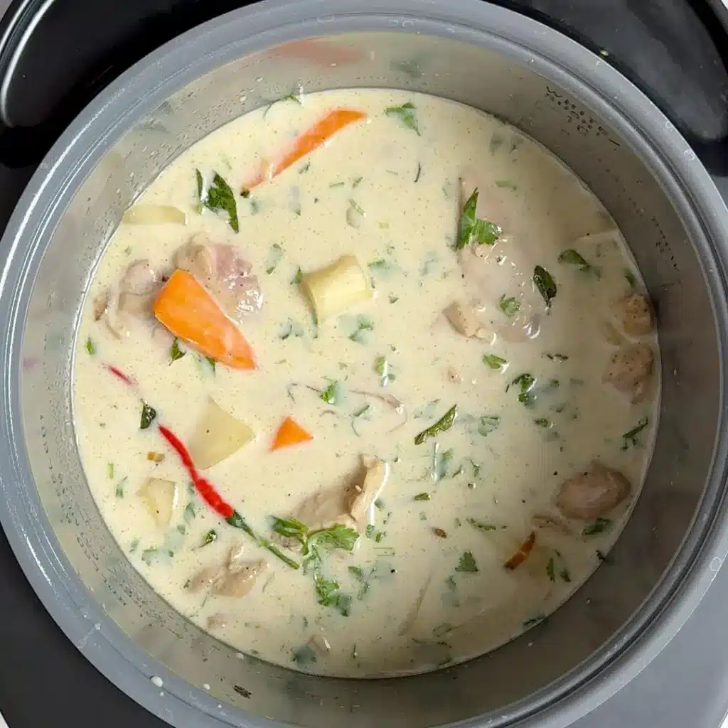 Slow Cooked Coconut Chicken Stew: Easy & Delicious Recipe add coconut milk with coriander leaves & cook for 3hrs