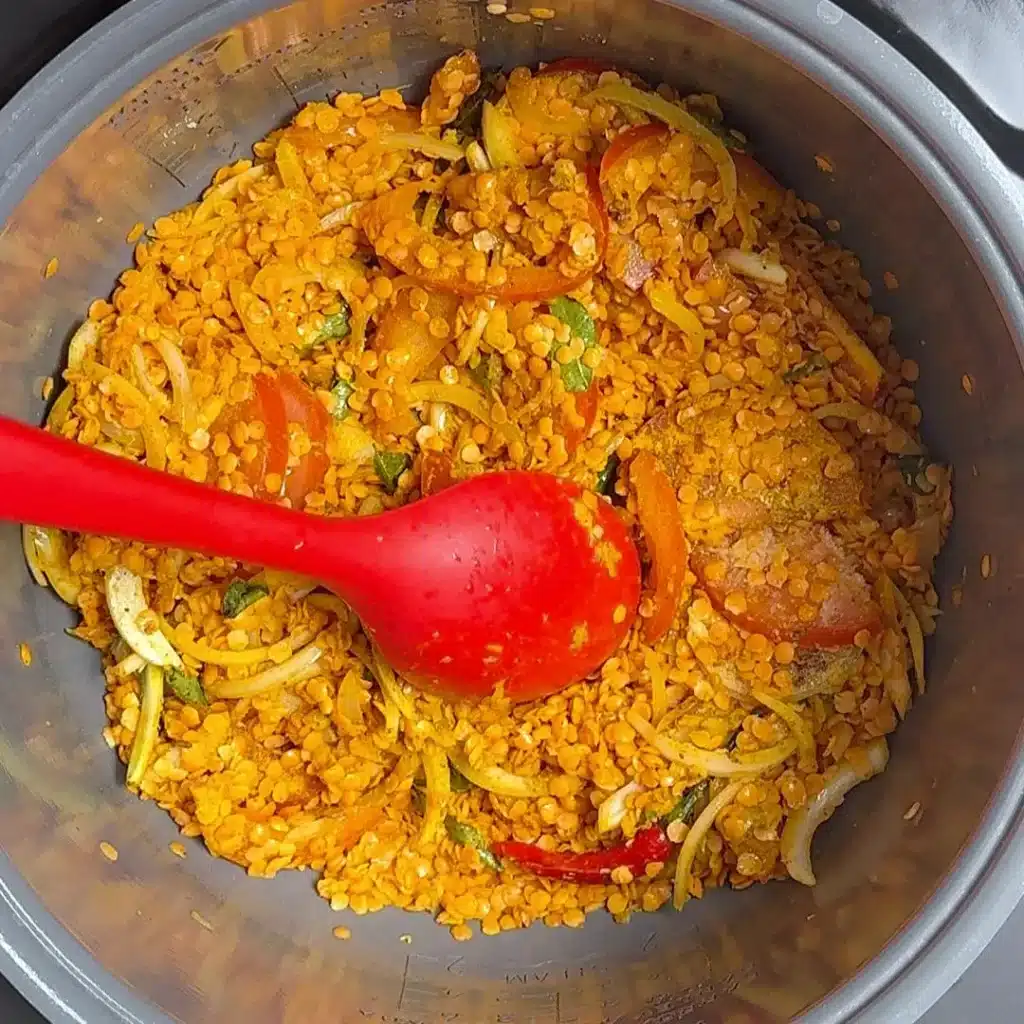 add all dry ingredients, tomatoes, salt , cook