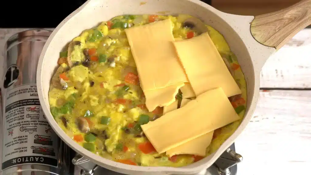 Breakfast Idea : Creamy Velveeta Omelette with veggies velveeta cheese and fold