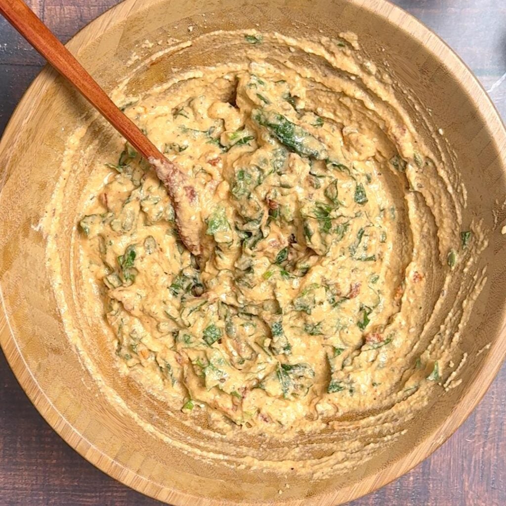 Flourless Lentil Bread with Spinach & Seeds — No Yeast, No Flour now add sun dried tomato, chopped spinach etc, give it a good mix