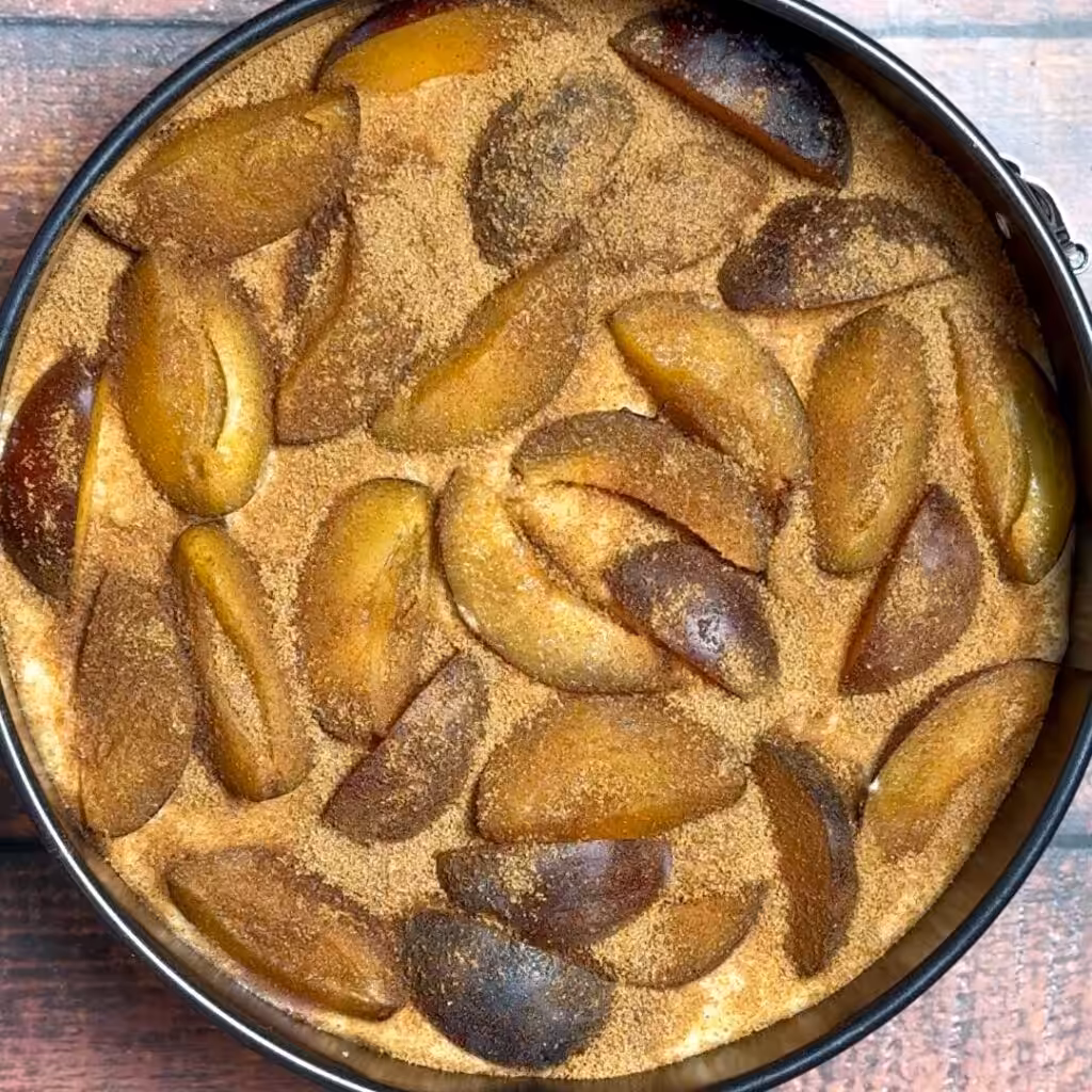 Easy Peasy Plum Cake with Fresh Plums Now arrange the plums on top then sprinkle mixture of cinnamon